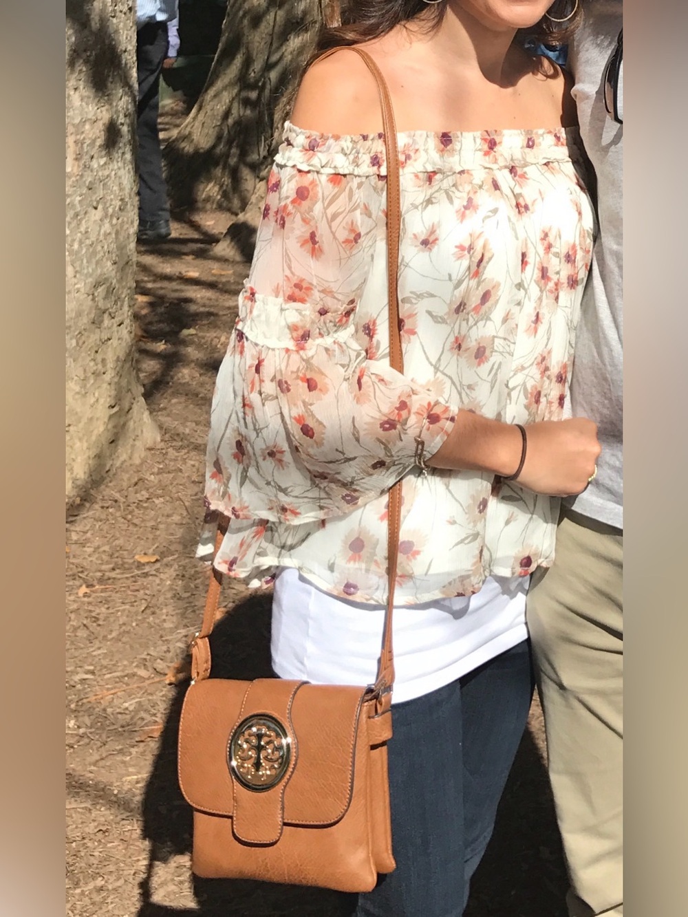 Lucky Brand Floral Off-Shoulder Blouse in Cream, tan and peach
